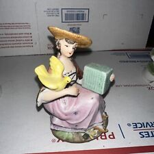 Vintage Ceramic Figure Women With Bird&Victorian England Dress Hat Yellow 1012 picture