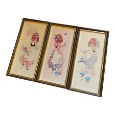 Vintage Big Eye Girl By Wendy - Framed Litho Kitschy - Set Of 3 - Flowers Bird picture