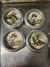 Set Of 4 Vintage Fred Sweney Metal Glass Coasters Wildlife Coasters Signed Bar picture