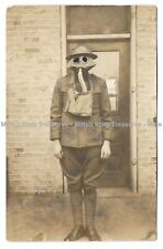 WWI U.S. Army soldier wearing scary gas mask photo postcard RPPC picture