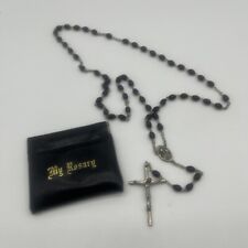 Vintage 23” Italyblack bead & silver tone rosary with pouch picture
