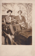 c1920 Two Young Men in Automobile. Studio. Seeing St. Louis, Missouri. RPPC UP picture