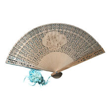 Vintage Asian Chinese Carved Wooden Hand Held Folding Fan w/ Aqua Tassel picture