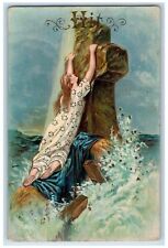 c1910's Easter Girl Holding On Big Cross Sea Surf Wave Embossed Antique Postcard picture