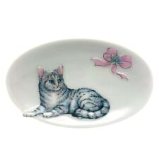 Vtg 3D Gray Tabby Kitty Cat Pedestal Soap Trinket Dish Oval Pink Ceramic Japan picture