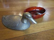 Vintage Brass Candy Dish Duck Mallard Wood Bottom 1980s Collectible  picture