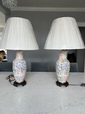 Pair Chinoiserie Table Lamps Light Peach Chinese Asian Porcelain Flower Vintage picture