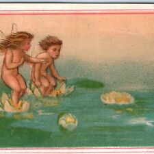 c1880s Somerville, NJ Cute Water Lily Boy & Girl Cherubs Colyer Trade Card C34 picture