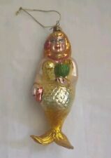 Mermaid Blown Glass Ornament Blonde Gold Glitter Girl Lady Drink in Hand picture