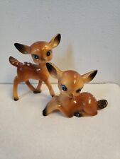 2 Vintage Hard Plastic Fawn Deer Big Eyes Pair Figurines Kitsch MCM Hong Kong Sm picture