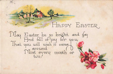 Happy Easter Poem, Country Home Scene, Pink Flowers, Vintage Postcard picture