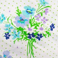 Vtg Full Flat Bed Sheet Floral Flowers Blue Green Polka Dots 1970s Groovy CUTTER picture