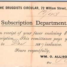 1886 NYC Druggists Circular Magazine Subscription Receipt Form PC Muscatine A157 picture