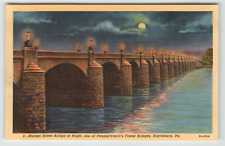 Postcard Linen Market Street Bridge at Night Harrisburg, PA picture