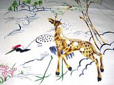 ANTIQUE ASIAN BEDSPREAD, WOOL/ RAW SILK EMBROIDERY-SPOTTED DEER/CRANES-UNIQUE picture