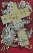 Vintage Easter Greetings Postcard 1911 Religious Themed Large Cross Blue Flowers picture