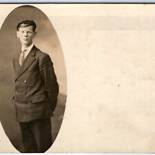 c1900s Handsome Young Man RPPC Newsboy Cap Hat Real Photo Mature Portrait A161 picture