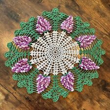 Vintage Handmade Crochet Doily Grapes Purple Green White 17” picture