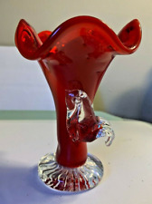 Vase Blown Glass Art Glass Ruffled Edge Applied Clear Glass Bird Ruby Red Vase picture