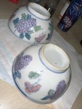 Two vintage Asian style bowl grape designs unsigned hand painted porcelain picture
