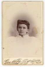 Antique c1880s Cabinet Card Beautiful 9 Year Old Girl in White Dress Owosso, MI picture