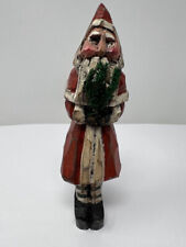 Primitive Carved Wood Santa Claus Holding Christmas Tree Folk Art Figure picture
