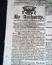 President JOHN ADAMS Acts of United States Congress & Address 1798 old Newspaper picture