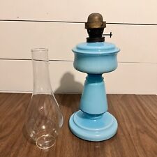 Antique Oil Lamp Blue Hand Blown Glass 19th Century Kerosene Lantern Opaline picture