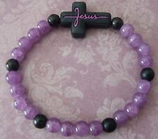 New Purple Black Glass Acrylic Beads Jesus Cross Bracelet Large 8-8.25 inches picture