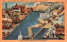 Roller Coasters & Rides Ocean Park Amusement Pier Santa Monica CA Linen Postcard picture