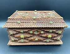 Antique Tramp Folk Art Box W/ Key Primitive Sawtooth Chip Trinket Chest c.1880's picture