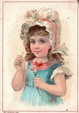1880s-90s Young Girl Wearing Bonnet with Daffodil Curly Hair Trade Card picture