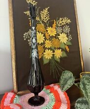 Vintage Fenton Black Amethyst Handpainted Floral Thumbprint Stretch Swung Vase picture