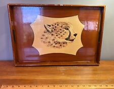 Vtg Wooden Serving Tray CHEETAH Animal 19x13 Signed L Godinger RARE Unusual MCM picture