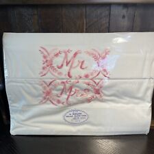 Vintage Pillowcase Set “Mr & Mrs” Embroidered Pink White Wedding Night Newlyweds picture