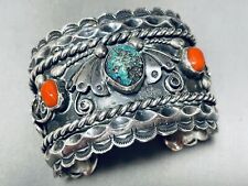 128 GRAMS MONGO VINTAGE NAVAJO TURQUOISE CORAL STERLING SILVER BRACELET picture