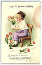 c1920 BEST EASTER WISHES ELLEN H CLAPSADDLE GIRL WITH TULIPS POSTCARD P2497 picture