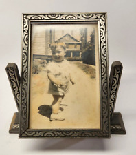 VTG Wood Swing Frame Silver Carved Color Retouched Photo Smiling Baby Boy 8x7 picture