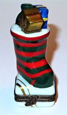 LIMOGES FRANCE BOX ~ CHRISTMAS STOCKING & GIFTS ~ PRESENTS & HOLLY ~ PEINT MAIN picture