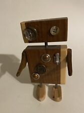 Wooden Robot Handmade Signed Steampunk Adorable Articulated Arms Stands 5.5” picture