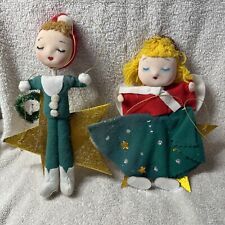 Vintage Nylon/Felt Pixies On Stars Christmas Ornaments Lot 2 Japan D99 picture