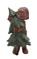 Estate VERY CUTE Little Painted Porcelain Girl Carrying Christmas Tree Holiday  picture