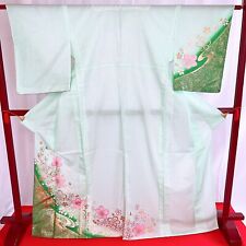 Japanese Kimono 'HOUMONGI' Polyester/Green/Gold/Pink/ Cherry blossoms picture