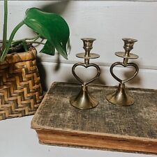 Vintage Antique Brass Set of 2 Heart Candlestick Holders picture