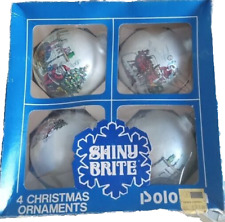 4 Vintage Shiny Brite Poloron Ornaments in Box Santa Christmas Scene Pearl White picture
