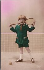 1910s French RPPC Greetings Postcard Little Girl Racket Net / Tinted Photo picture