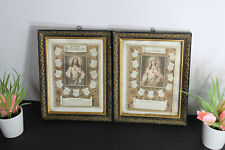pair antique french litho sacred heart jesus mary portrait Wall panel  picture