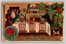 c1918 Family Dinner Table Cat Turkey Holly Welcome Day Christmas P664 picture
