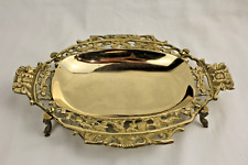Antique Solid Brass Intricate Floral Pattern Footed Polished Dish/Platter picture