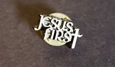 Vintage Jesus First Cross Gold Tone Lettered Lapel Pin Christian Religious picture